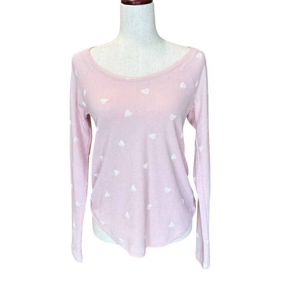 Lucky Brand Womens Waffle Knit Long Sleeve Pink Shirt w/Hearts Small Petite
